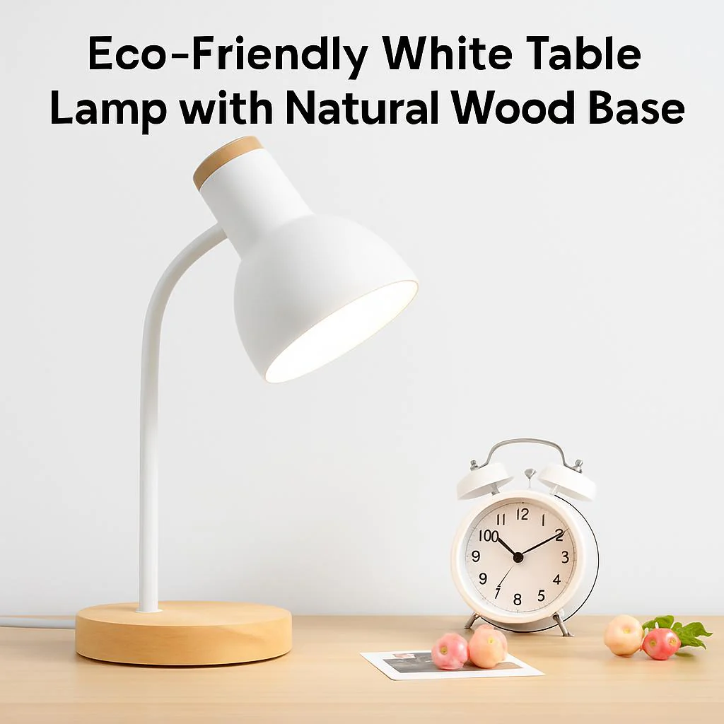 Eco-Friendly White Table Lamp with Natural Wood Base - Image 2