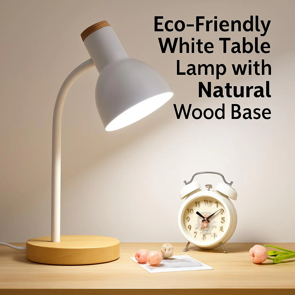 Eco-Friendly White Table Lamp with Natural Wood Base - Image 3