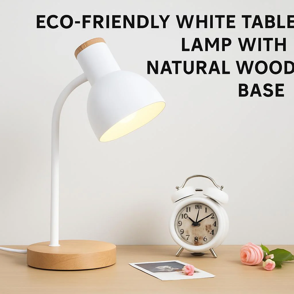 Eco-Friendly White Table Lamp with Natural Wood Base - Image 4