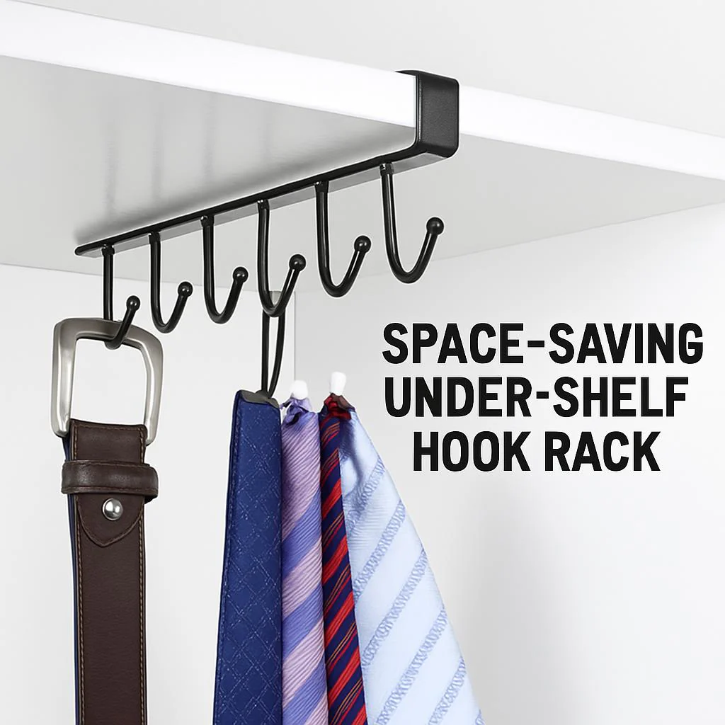 Space-Saving Under-Shelf Mug Holder - Black Metal Hook Rack - Image 4
